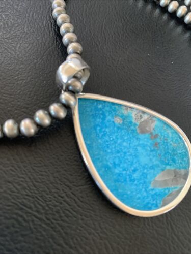 Navajo Pearls Blue Kingman Turquoise Necklace Pendant | Sterling Silver | Authentic Native American Handmade | 11809