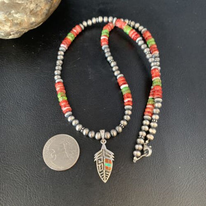Navajo Red Spiny Oyster & Green Turquoise Pendant Necklace | Sterling Silver | Authentic Native American Handmade | 13619