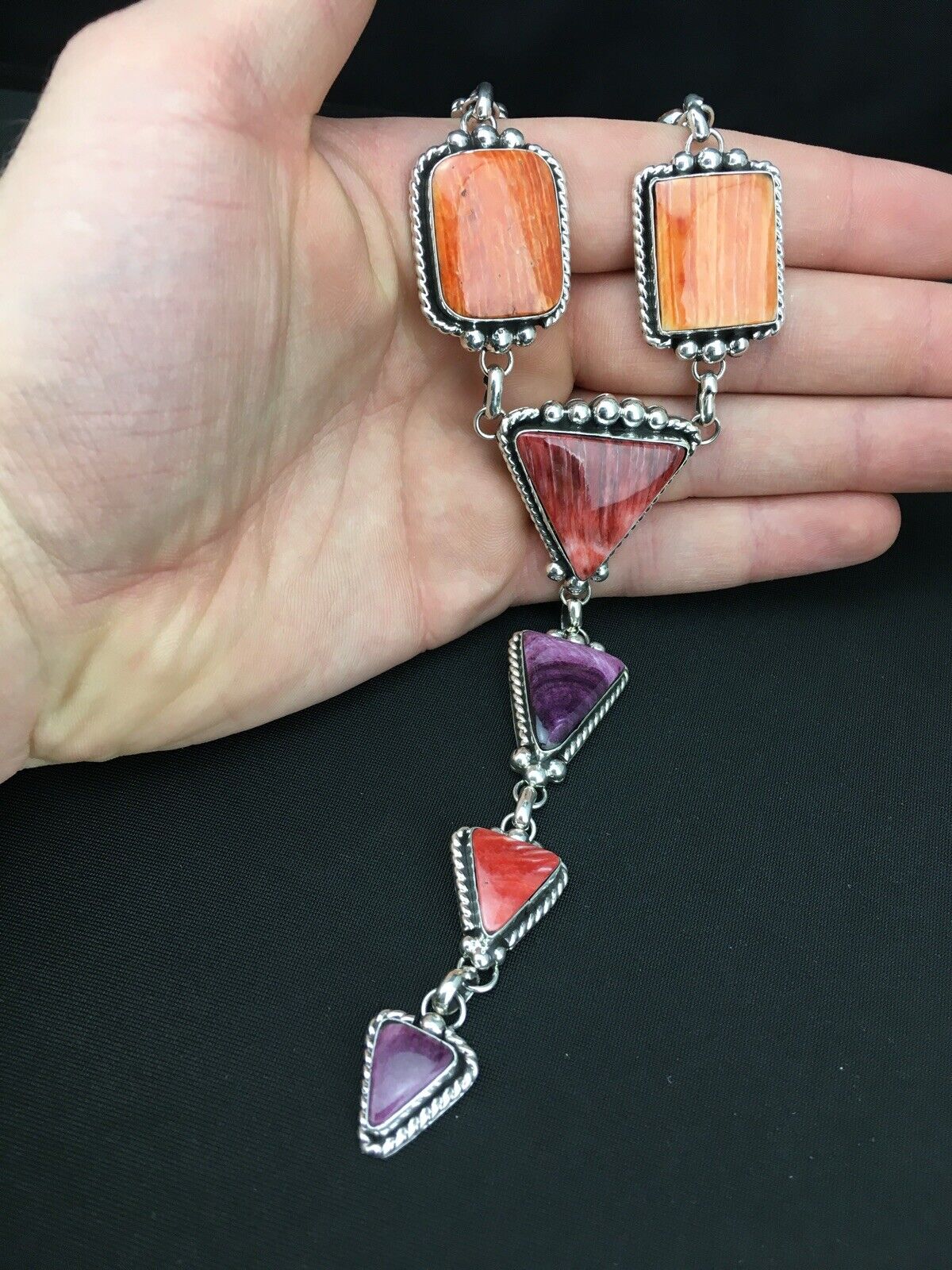 Navajo Spiny Oyster Pendant Necklace | Sterling Silver Lariat | Authentic Native American Handmade | 4904