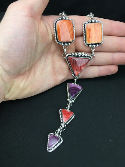 Navajo Spiny Oyster Pendant Necklace | Sterling Silver Lariat | Authentic Native American Handmade | 4904