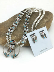 Zuni Owl Inlay Turquoise Squash Blossom Necklace Set | Sterling Silver | Native American Handmade | 1310