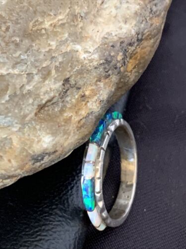 Navajo White Blue Opal Inlay Ring | Sterling Silver | Sz 8.5 | Authentic Native American Handmade | Yazzie | 10620