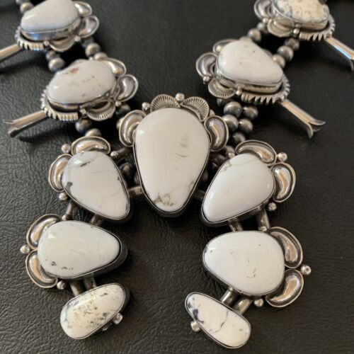 Navajo White Buffalo Turquoise Sterling Squash Blossom Necklace | Naja Pendant | 10957