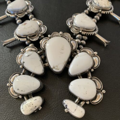 Navajo White Buffalo Turquoise Sterling Squash Blossom Necklace | Naja Pendant | 10957