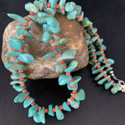 Navajo Green Turquoise & Spiny Oyster Graduated Necklace | Sterling Silver | Authentic Native American | 21" | 14009