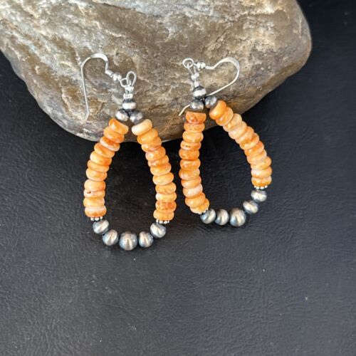 Navajo Orange Spiny Oyster Bead Earrings | Sterling Silver | Authentic Native American Handmade | 14294