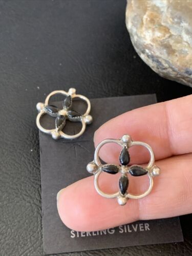 Navajo Black Onyx Stud Post Earrings | Sterling Silver | 0.5" | Authentic Native American Handmade | 12644