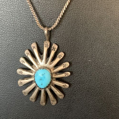 Navajo Kingman Blue Turquoise Pendant | Sterling Silver Heishi Necklace | Authentic Native American Handmade | 13829