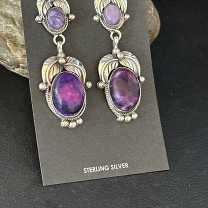 Navajo Purple Sugilite Dangle Earrings | Sterling Silver | 2" | Authentic Native American Handmade | 14405