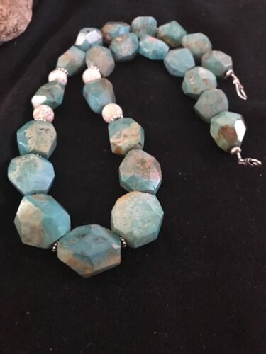 Chunky Turquoise Men's Necklace | Sterling Silver Faceted | Southwestern Navajo | 21" |  8140