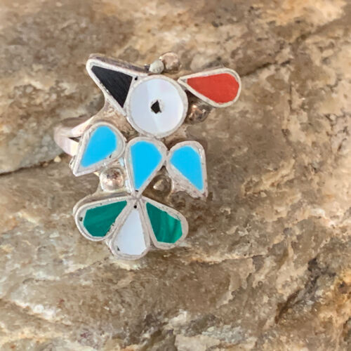 Zuni Peyote Bird Ring | Sterling Silver Coral Turquoise Onyx Mother of Pearl Inlay | Sz 5 | 10213