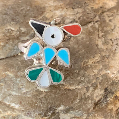 Zuni Peyote Bird Ring | Sterling Silver Coral Turquoise Onyx Mother of Pearl Inlay | Sz 5 | 10213 - Masha USA
