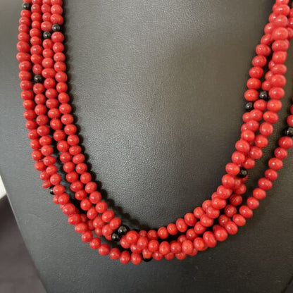 Native American Navajo Red Coral Onyx Necklace | Sterling Silver | 10302