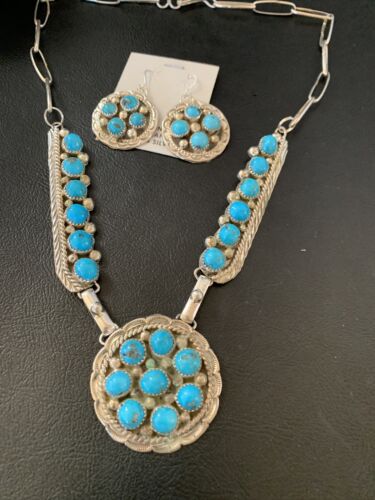 Navajo Blue Kingman Turquoise Necklace & Earrings Set | Sterling Silver | Authentic Native American Handmade | 2113
