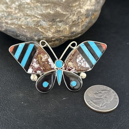 Zuni Butterfly Inlay Ring | Coral Turquoise Onyx Mother of Pearl | Sz 7 | Sterling Silver | 14439