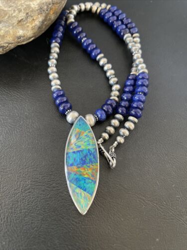 Men's Sterling Silver Necklace | Blue Lapis Bead Opal Inlay Pendant | Authentic Native American Handmade | 10585
