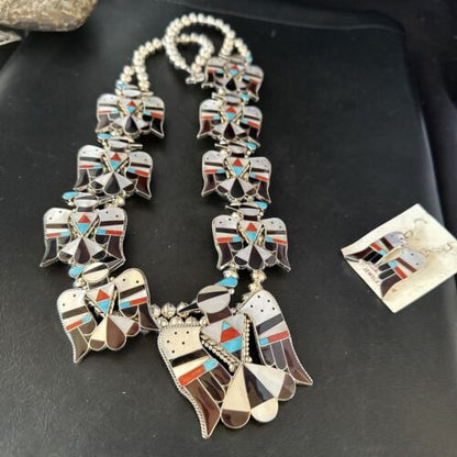 Zuni Thunderbird Turquoise Mother of Pearl Sterling Squash Blossom Necklace | Native American | 14442