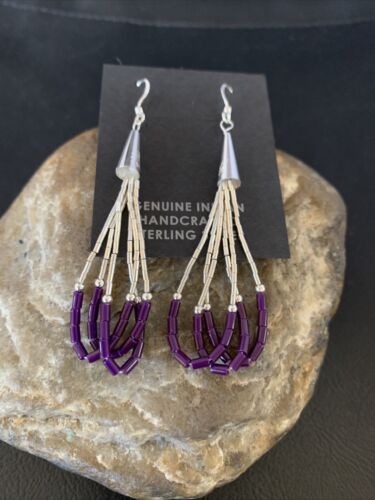 Handmade Liquid Silver Heishi Tube Beads Sugilite Earrings | Sterling Silver | 2" | 13048