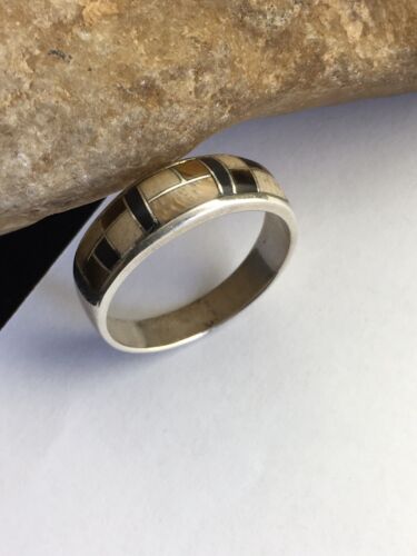 Navajo Sterling Silver Onyx & Picture Jasper Inlay Ring | Sz 13.5 | Authentic Native American Handmade | 01592