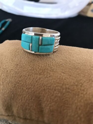 Navajo Turquoise Inlay Sterling Silver Thumb Ring | Sz 14 | Handmade Southwestern