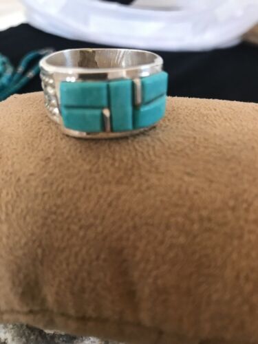Navajo Turquoise Inlay Sterling Silver Thumb Ring | Sz 14 | Handmade Southwestern