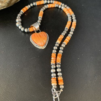 Navajo Orange Heart Spiny Oyster Pendant | Sterling Silver Necklace | Authentic Native American Handmade | 13946