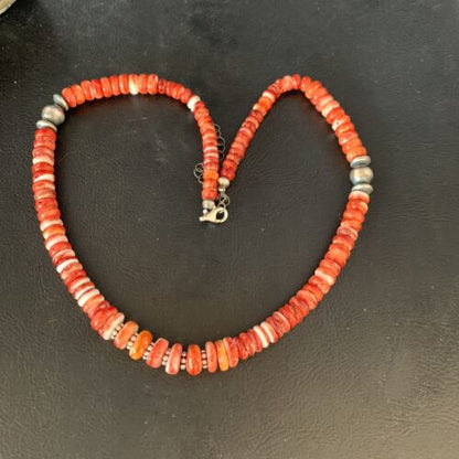 Navajo Red Spiny Oyster Graduated Necklace | Sterling Silver | Authentic Native American | 18" | 13616