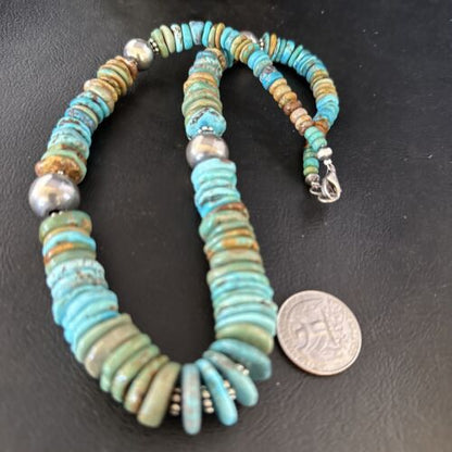 Navajo Blue Green Turquoise Bead Necklace | Sterling Silver | Authentic Native American | 20" | 14242