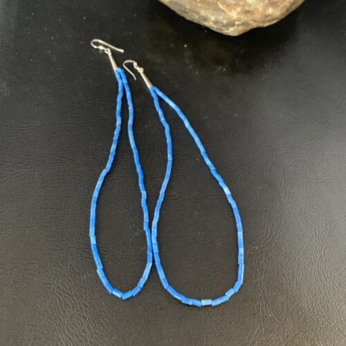 Handmade Silver Heishi Beads Blue Denim Lapis Earrings | Sterling Silver | 5" | 13505