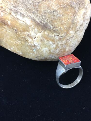 Navajo Men's Red Opal Inlay Ring | Sterling Silver | Sz 9.5 | Authentic Native American Handmade | 10104