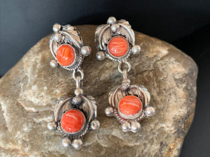 Native American Handmade Navajo Red Spiny Oyster Dangle Earrings | Sterling Silver | 2065