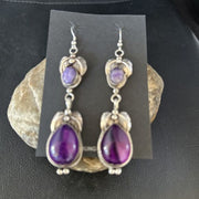 Navajo Purple Sugilite Dangle Earrings | Sterling Silver | 2" | Authentic Native American Handmade | 14401