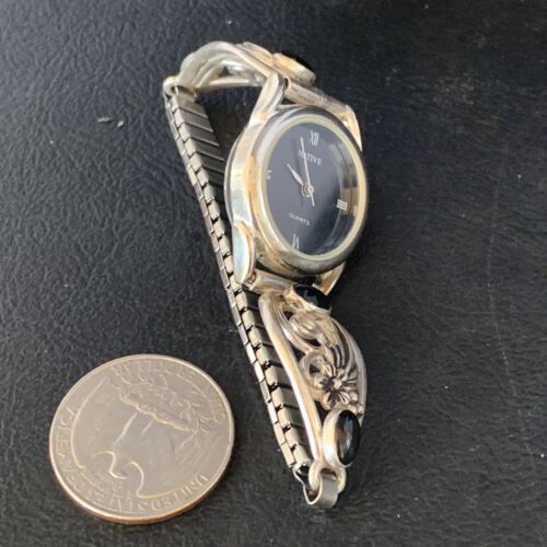 Authentic Navajo Sterling Silver Watch Tips with Black Onyx Band | Women's Feather Design | Native American Jewelry | 14042