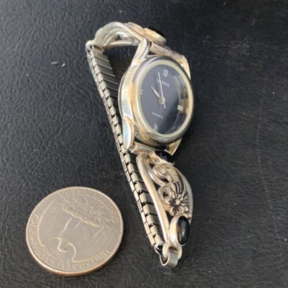 Authentic Navajo Sterling Silver Watch Tips with Black Onyx Band | Women's Feather Design | Native American Jewelry | 14042