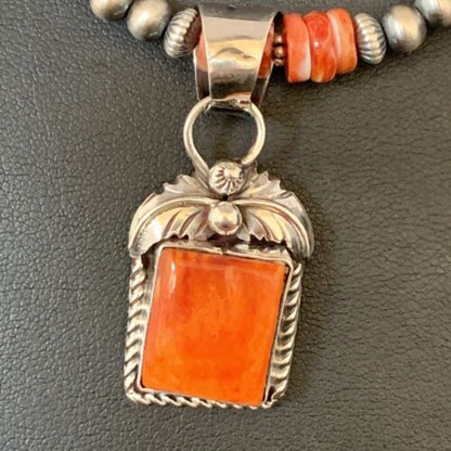 Navajo Pearls Red Spiny Oyster Pendant Necklace | Sterling Silver | 20" | Authentic Native American Handmade | 13654
