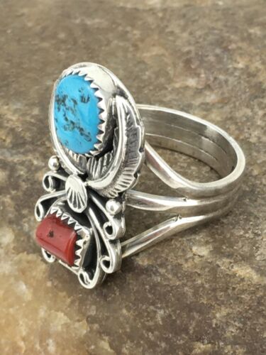 Navajo Southwestern Blue Turquoise & Coral Ring | Authentic Native American Sterling Silver | Multi-Stone | Sz 9.5 | 4857