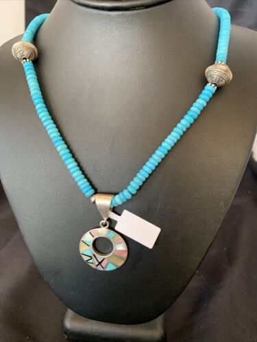 Blue Turquoise & Mother of Pearl Inlay Pendant | Sterling Silver Necklace | Navajo | 8904