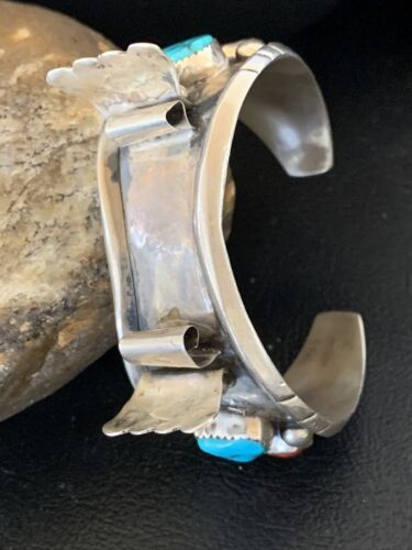 Navajo Sterling Silver Watch Cuff Bracelet | Blue Turquoise & Coral | Authentic Native American Jewelry | 12169