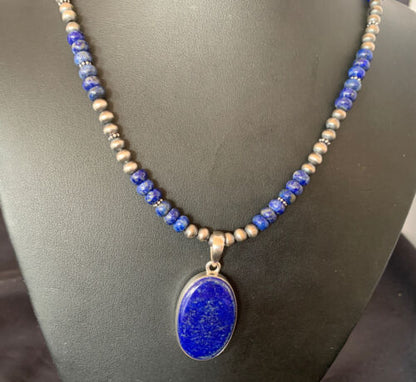 Native American Navajo Blue Lapis Pendant Necklace | Sterling Silver | Authentic Handmade | 11914 - Masha USA