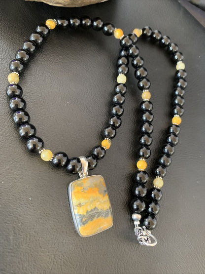 Men's Navajo Pearls Onyx Bumblebee Jasper Necklace Pendant | Sterling Silver | Native American Handmade | 10327