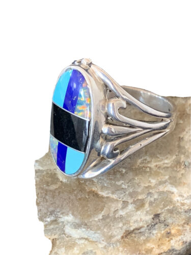 Navajo Turquoise, Lapis & Opal Inlay Ring | Sterling Silver | Sz 11.5 | Authentic Native American | 1487