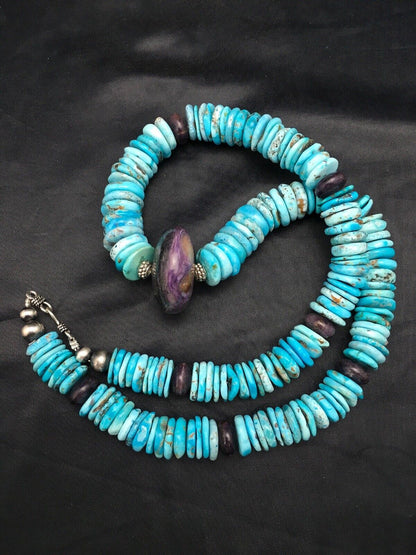 Navajo Sugilite & Turquoise Pendant Necklace | Sterling Silver | Authentic Native American Handmade | 21" | 3086