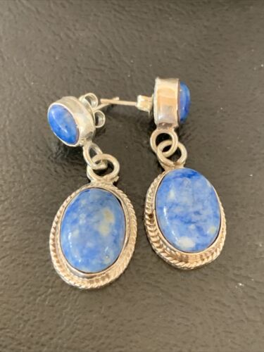Navajo Denim Lapis Dangle Earrings | Sterling Silver | 1.1" | Authentic Native American Handmade | 1704