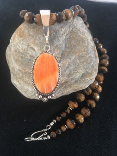 Navajo Spiny Oyster Pendant with Tigers Eye | Sterling Silver Necklace | Authentic Native American Handmade | 3652