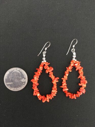 Native American Sterling Silver Navajo Red Coral Earrings | 2" | 1086