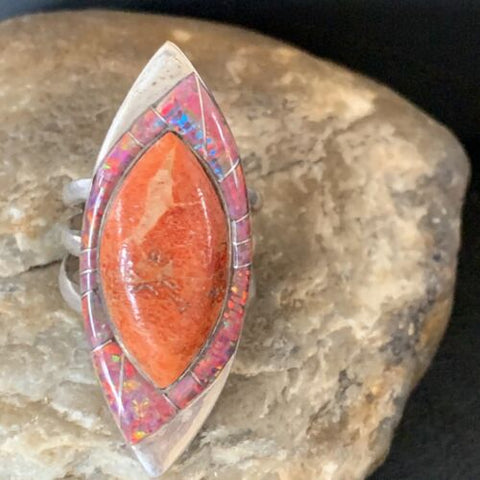 Native Navajo Sterling Silver Red Spiny Oyster Opal Inlay Ring Size `10 12844