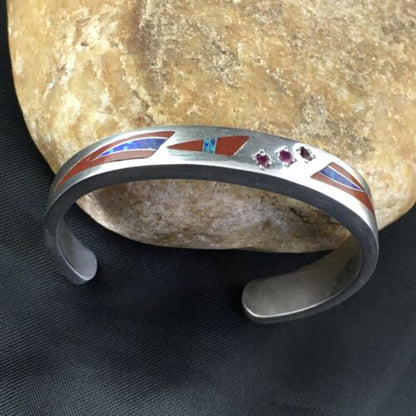 Navajo Ruby Coral Lapis Inlay Bracelet | Sterling Silver | Authentic Native American Handmade | 1098