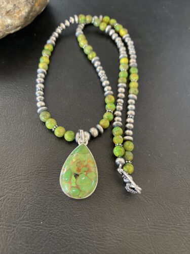 Women's Navajo Pearl Necklace with Green Mojave Turquoise Pendant | Sterling Silver | Native American Handmade | 10581