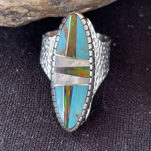 Navajo Multi-Color Opal & Turquoise Inlay Ring | Sterling Silver | Sz 7 | Authentic Native American Handmade | 1582
