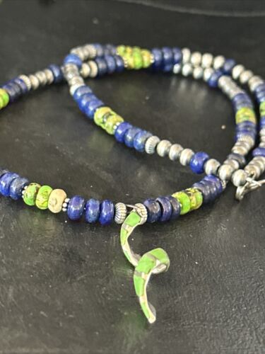 Navajo Green Turquoise Lapis Pendant Inlay Necklace | Sterling Silver | Authentic Native American Handmade | 14635
